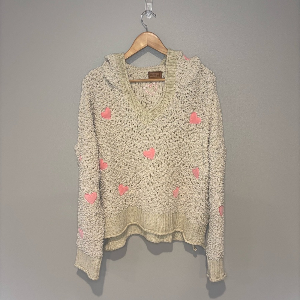 POL ANTHROPOLOGIE‎ Hooded Oversized Cream Colored Sweatshirt with Hearts Medium